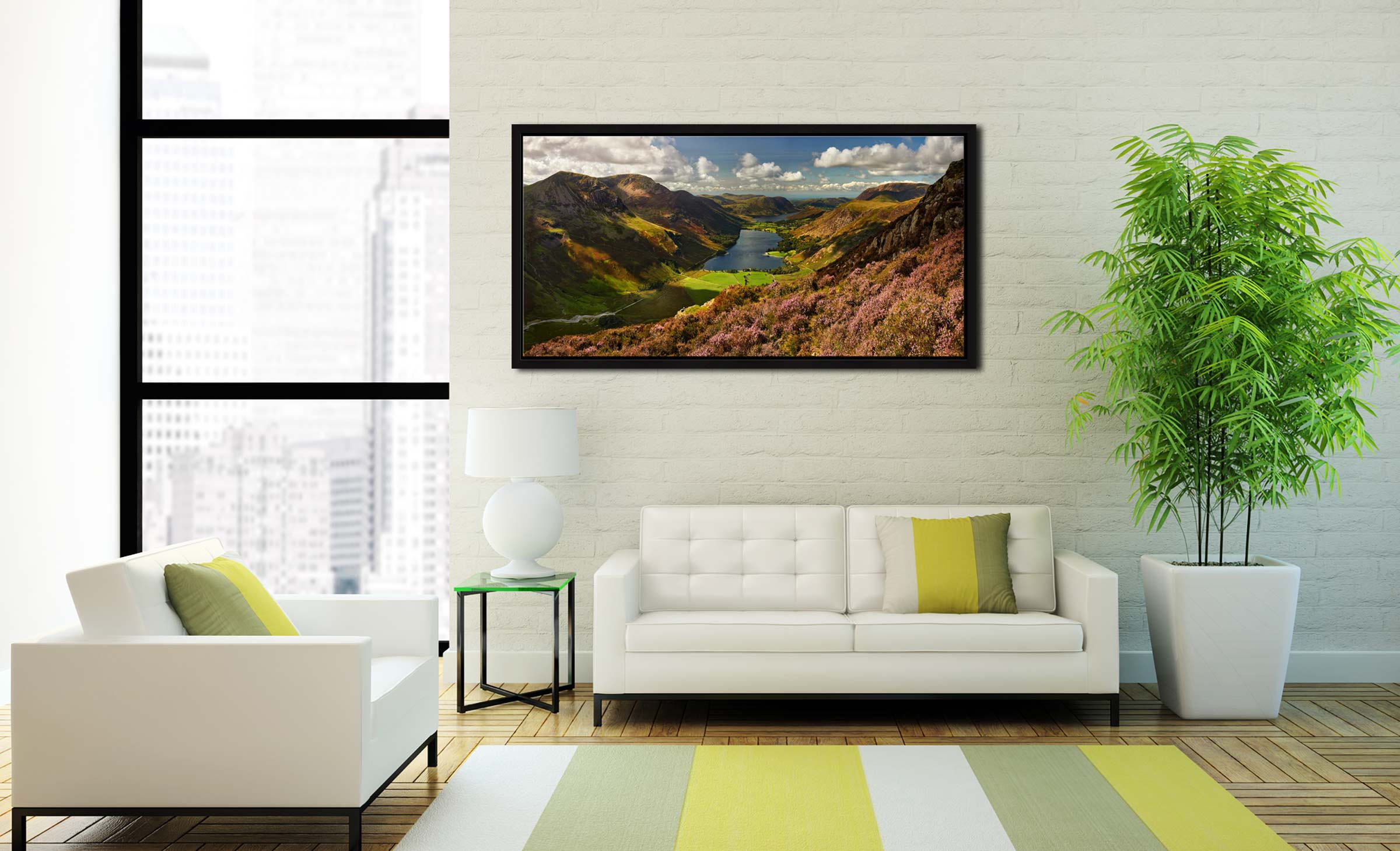 The lake by the dairy pastures view over the summer heather. View from Fleetwith Pike - Black oak narrow frame on Wall