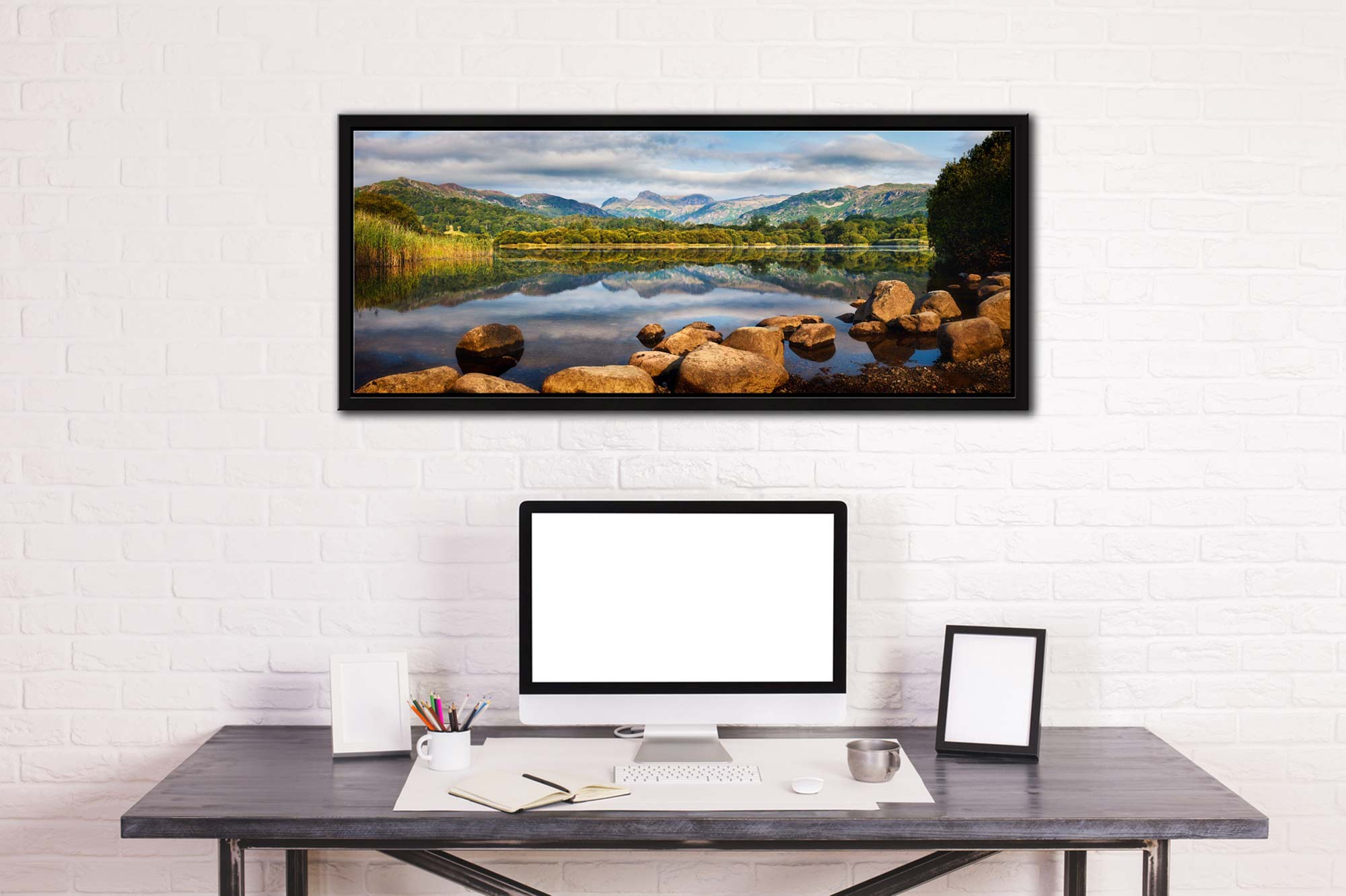 Elterwater Summer Reflections - Black oak narrow framed print on Wall