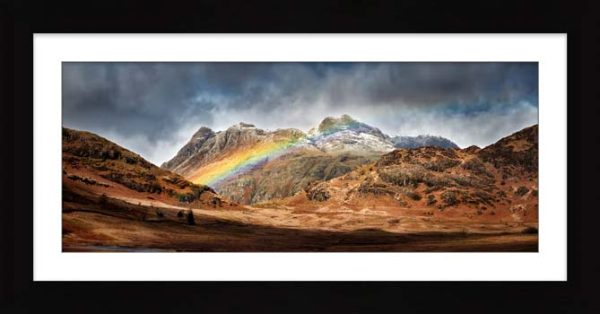 Langdale Pikes Rainbow framed print with Mount