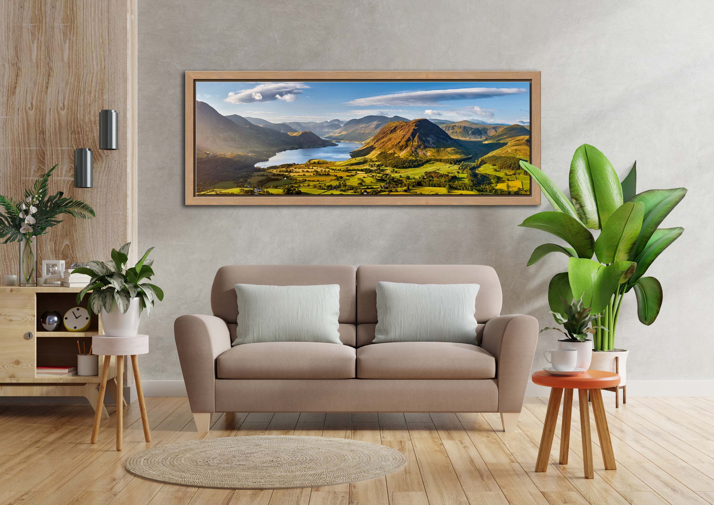 Morning Sunshine on Crummock Water - Oak narrow framed print on Wall