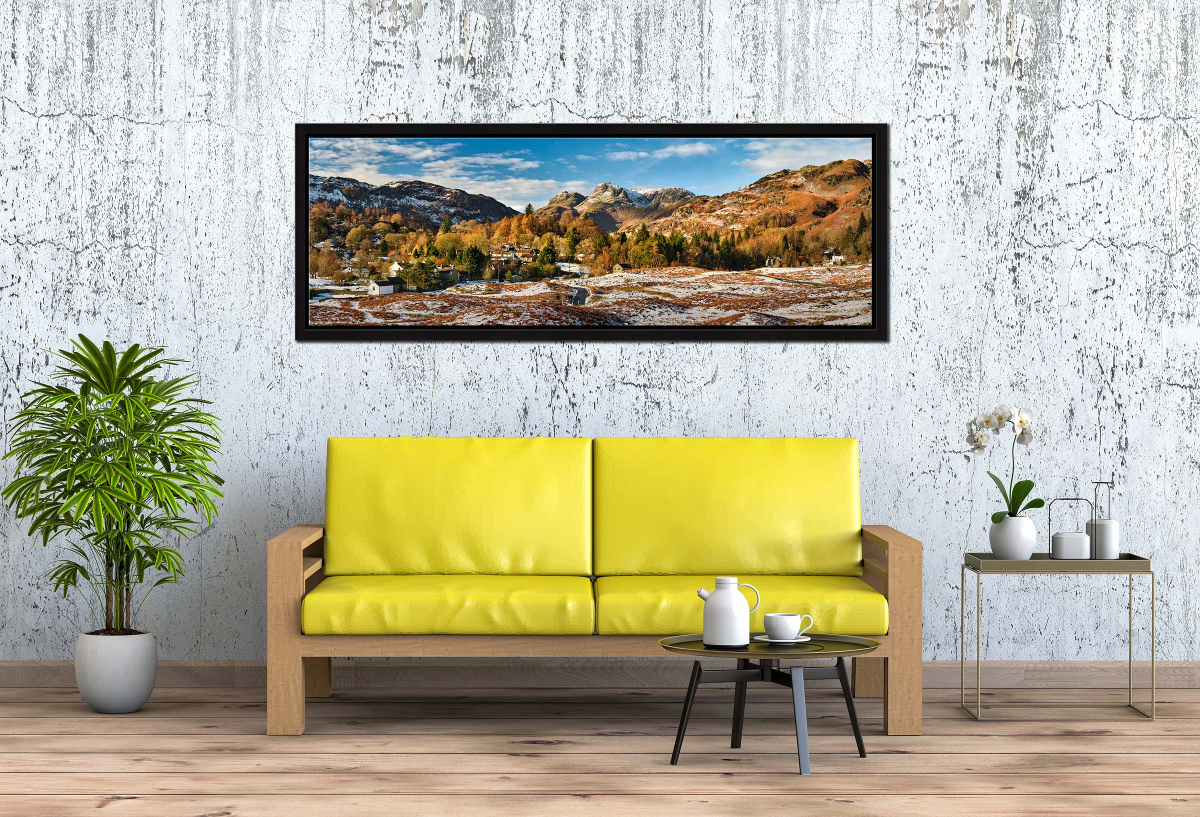 Elterwater Village in Winter - Black oak narrow framed print on Wall