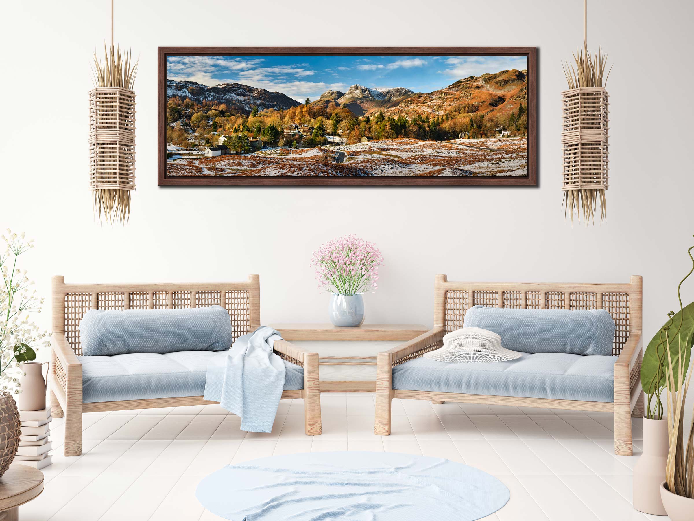 Elterwater Village in Winter - Walnut narrow framed print on Wall