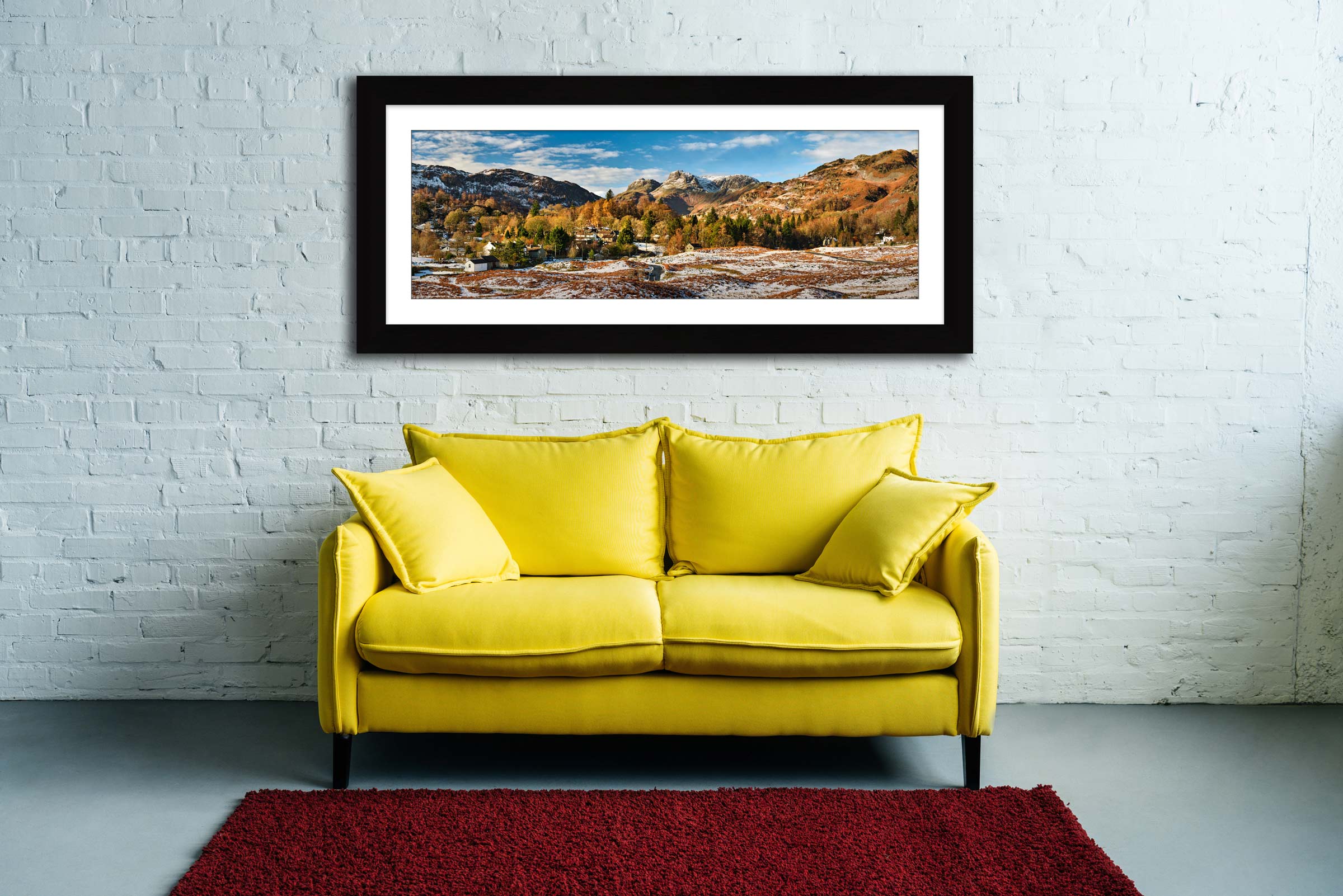 Elterwater Village in Winter framed print with mount on Wall