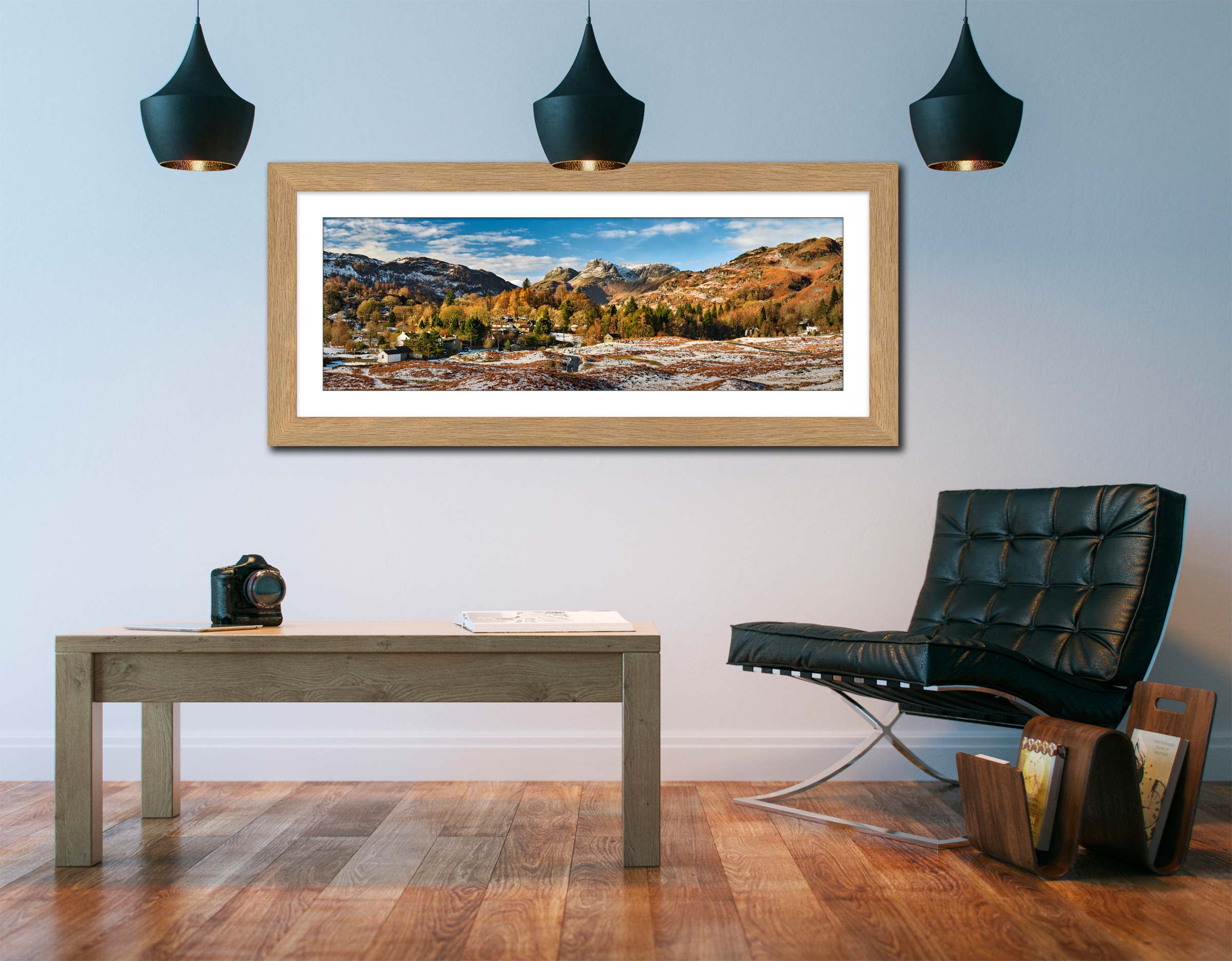 Elterwater Village in Winter framed print with mount on Wall