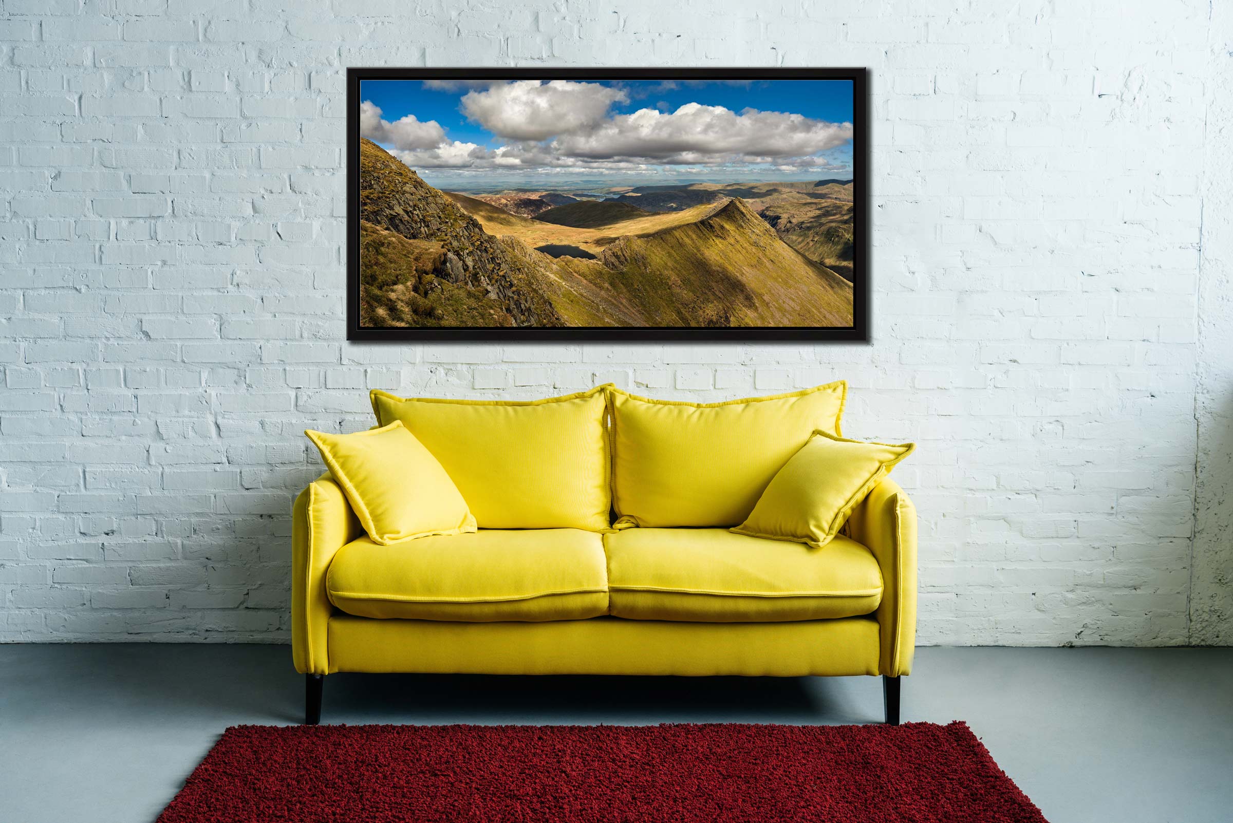 Striding Edge Sunshine and Shadows - Black oak narrow framed print on Wall