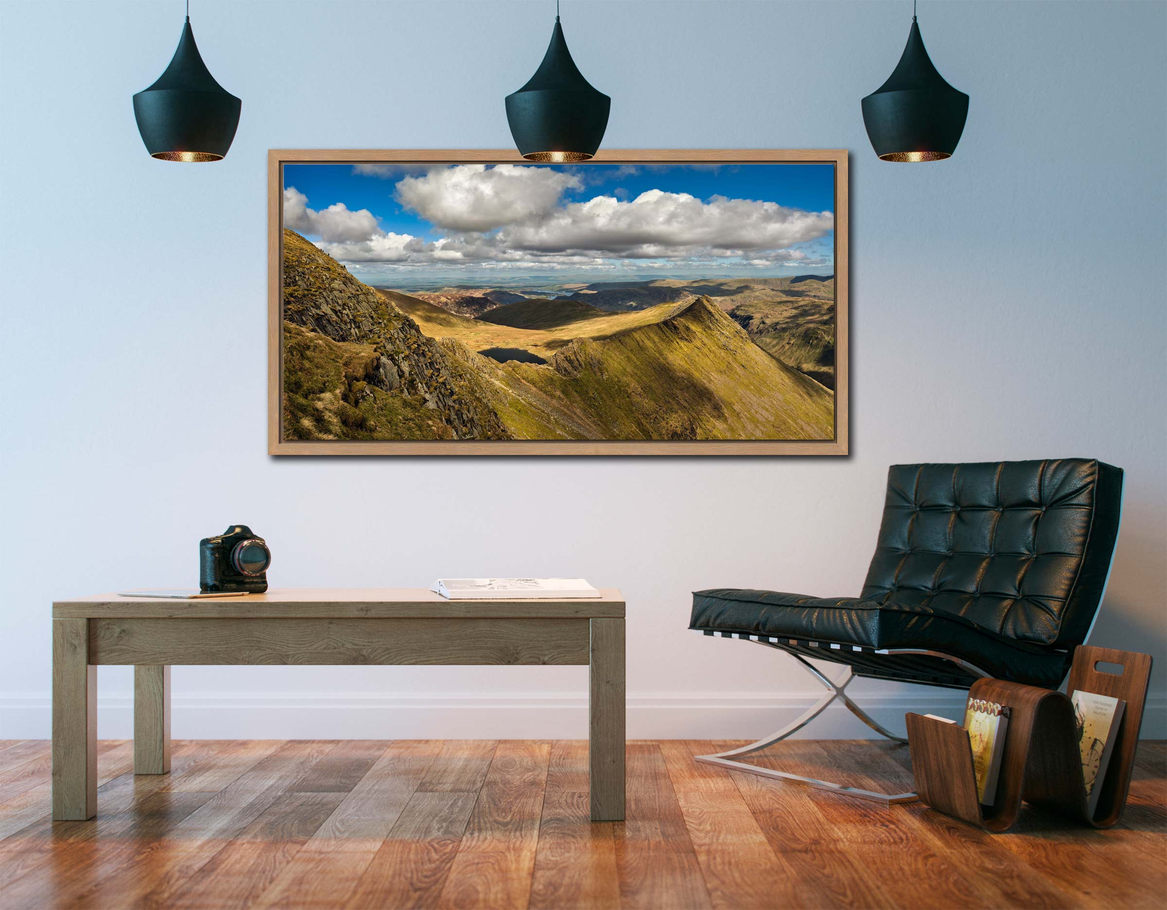 Striding Edge Sunshine and Shadows - Oak narrow framed print on Wall