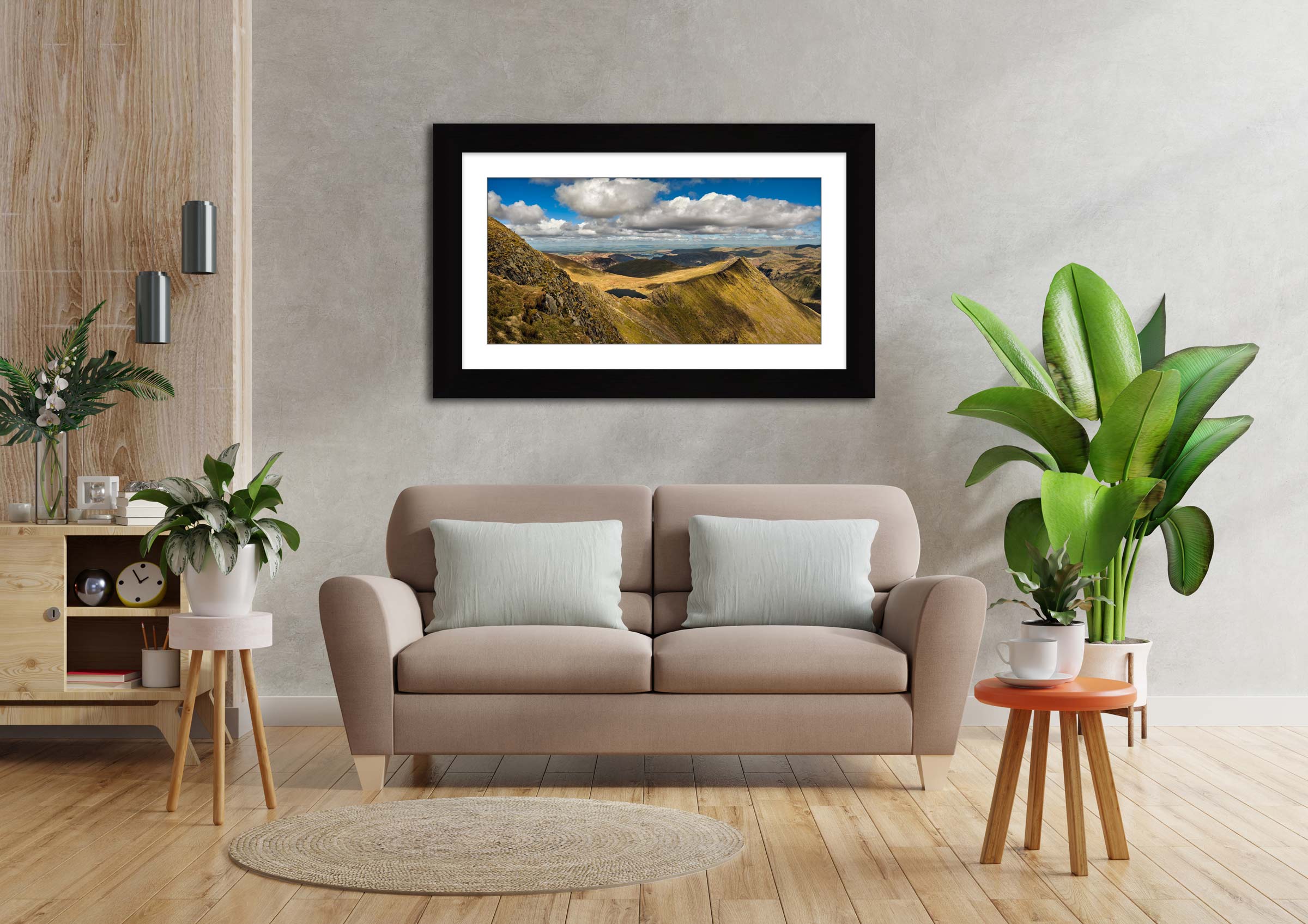 Striding Edge Sunshine and Shadows framed print with mount on Wall