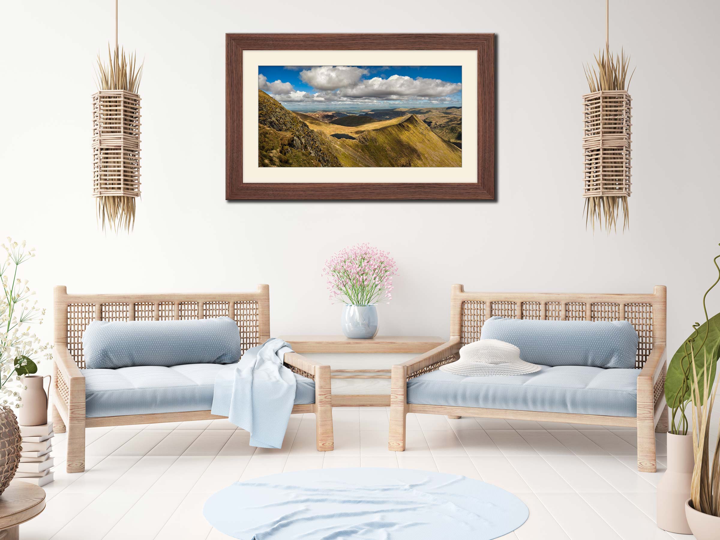 Striding Edge Sunshine and Shadows framed print with mount on Wall