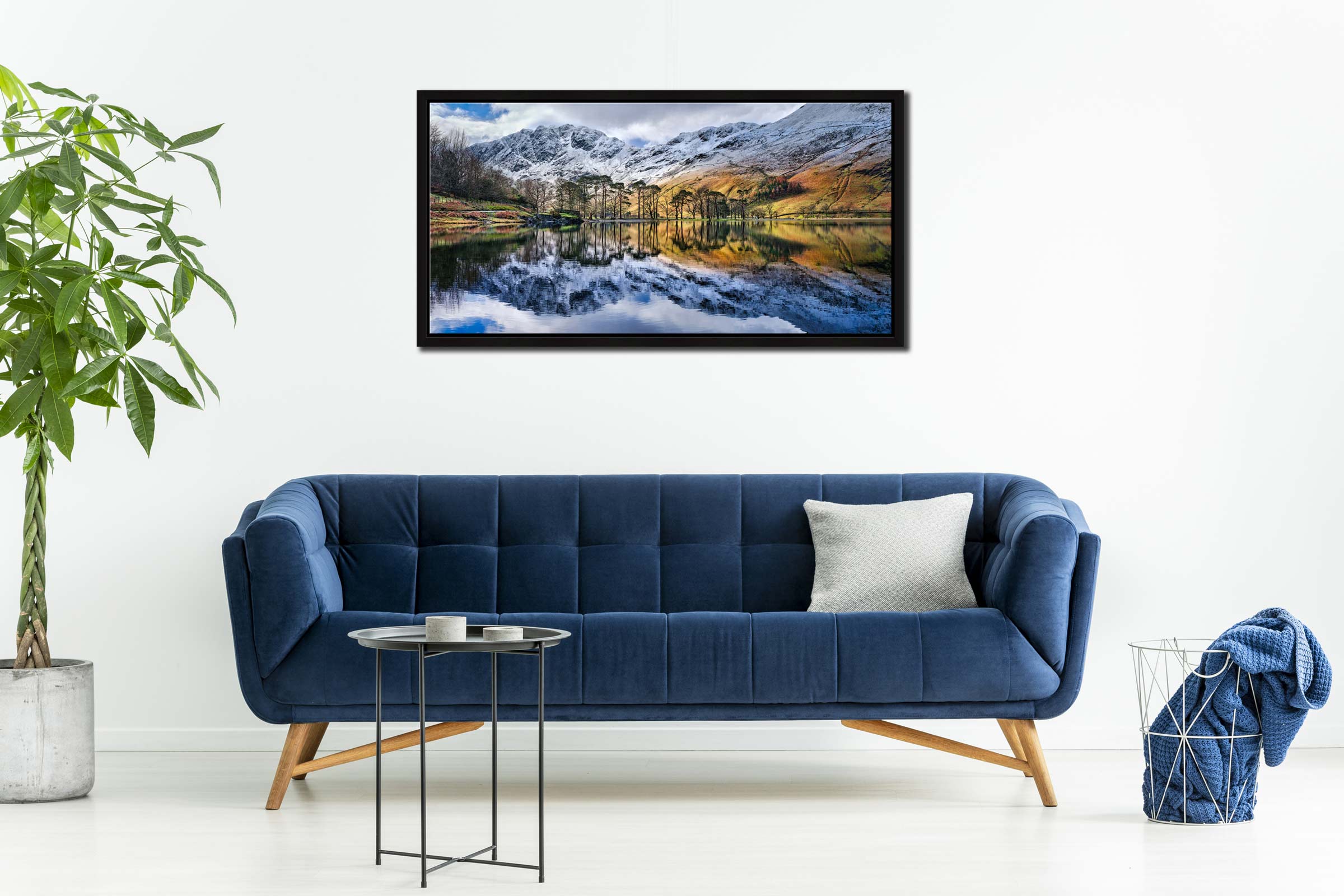 Buttermere Winter Reflections - Black oak narrow framed print on Wall