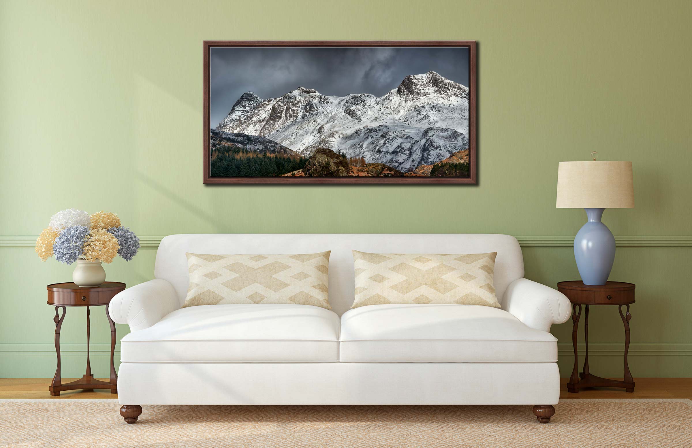 Snow on the Langdales - Walnut narrow frame on Wall