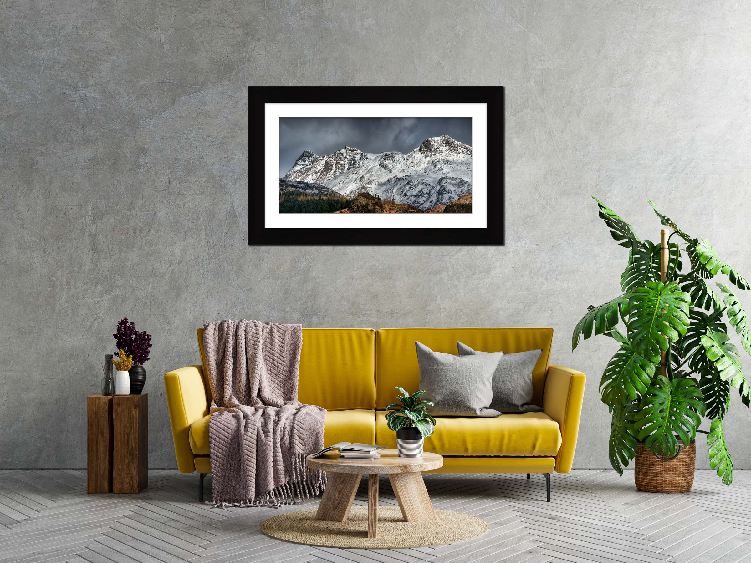 Snow on the Langdales framed print with mount on Wall