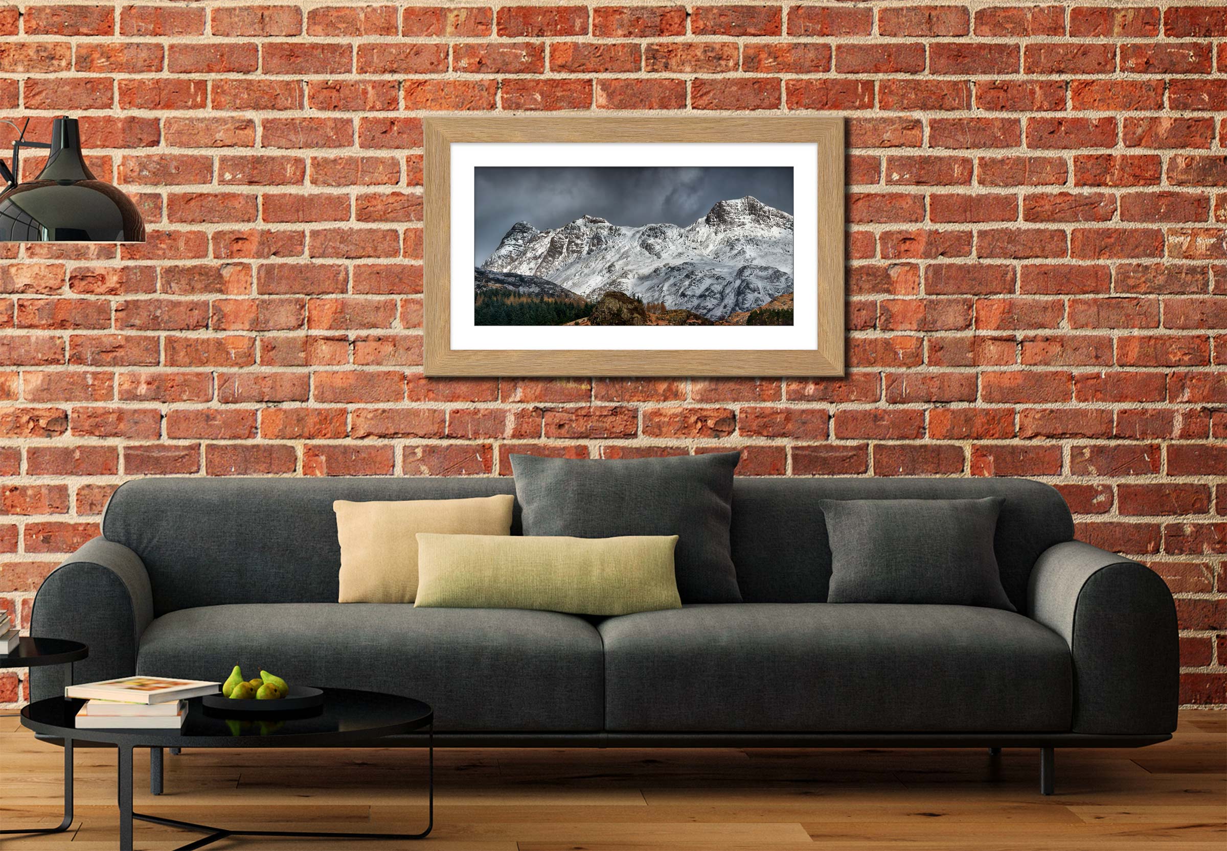 Snow on the Langdales framed print with mount on Wall