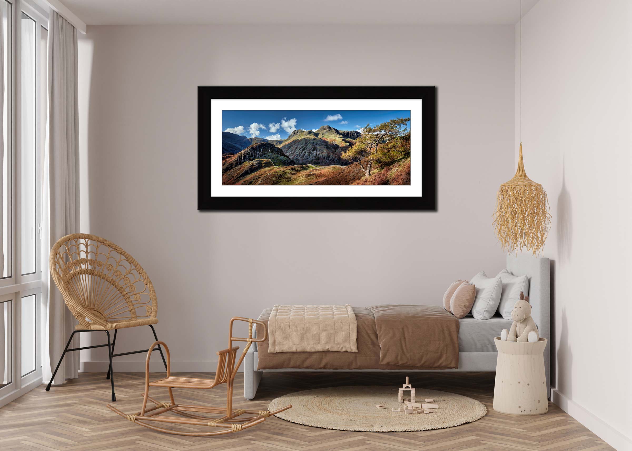 Langdales and Side Pike framed print with mount on Wall