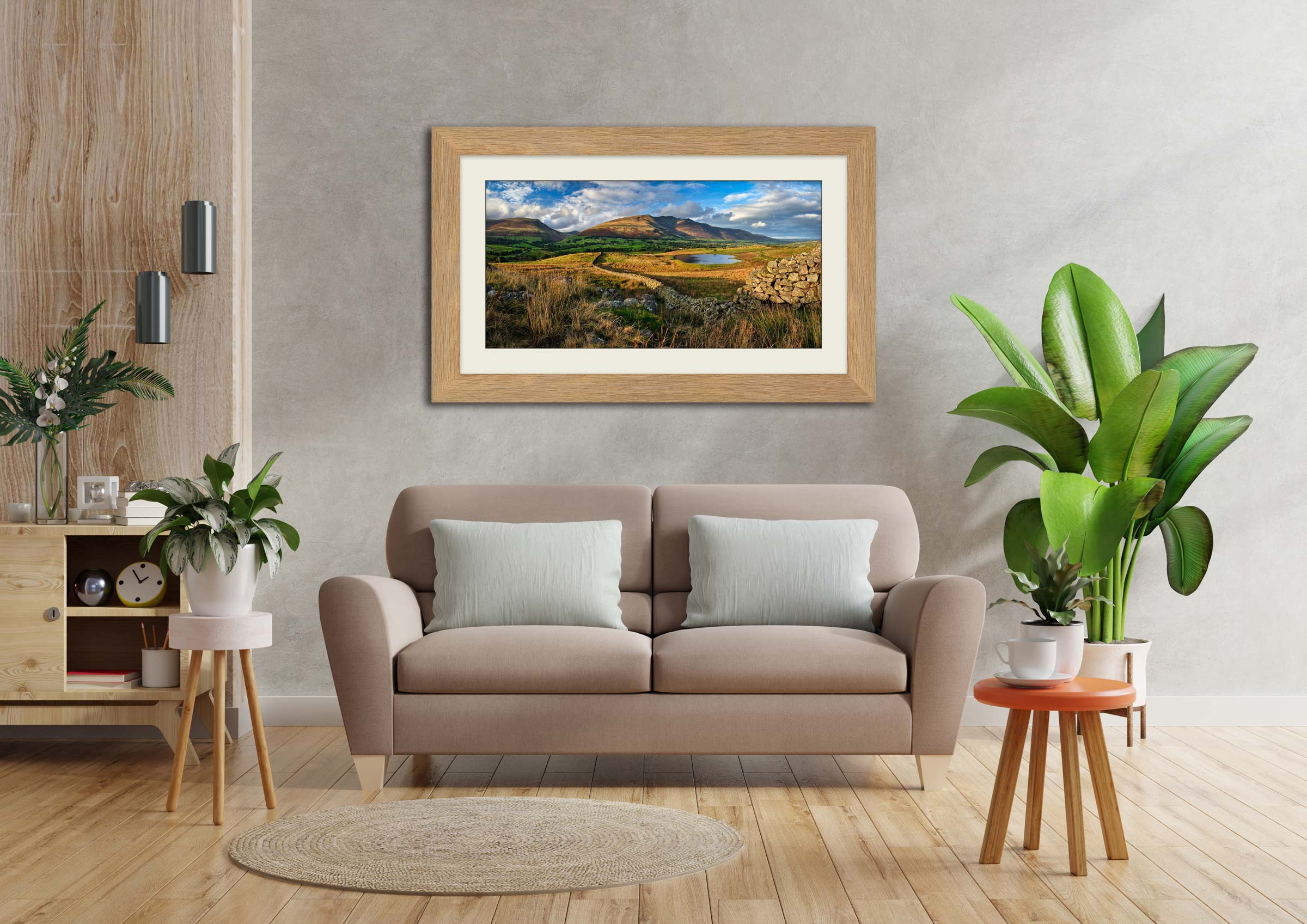 Evening Sun on Tewet Tarn framed print with mount on Wall