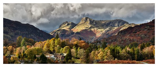 Elterwater Village to Langdale Pikes Glossy Print