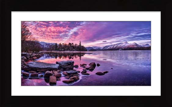 Sunrise Over Frozen Derwent Water framed print with Mount