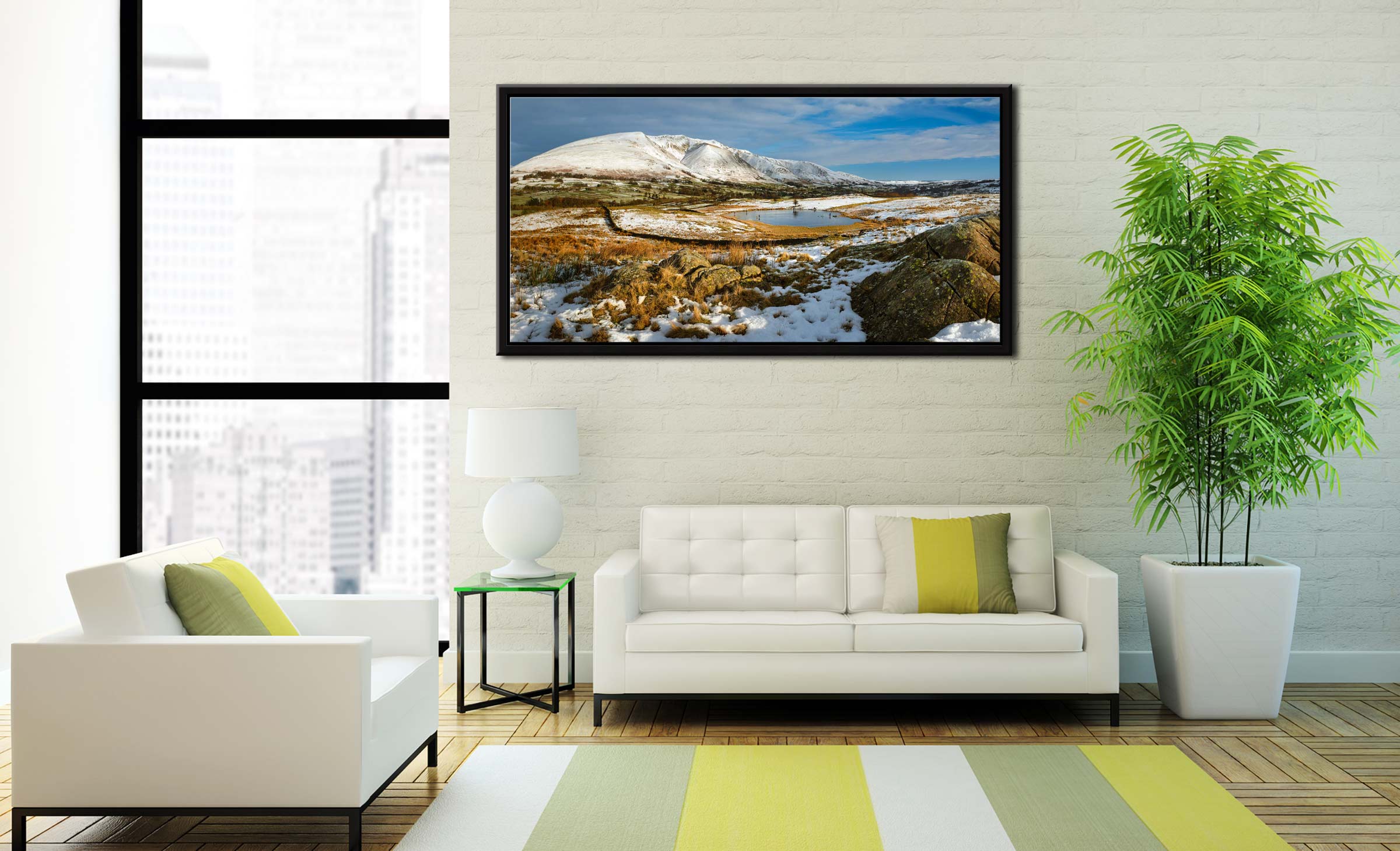 Snowy Tewet Tarn - Black oak narrow framed print on Wall