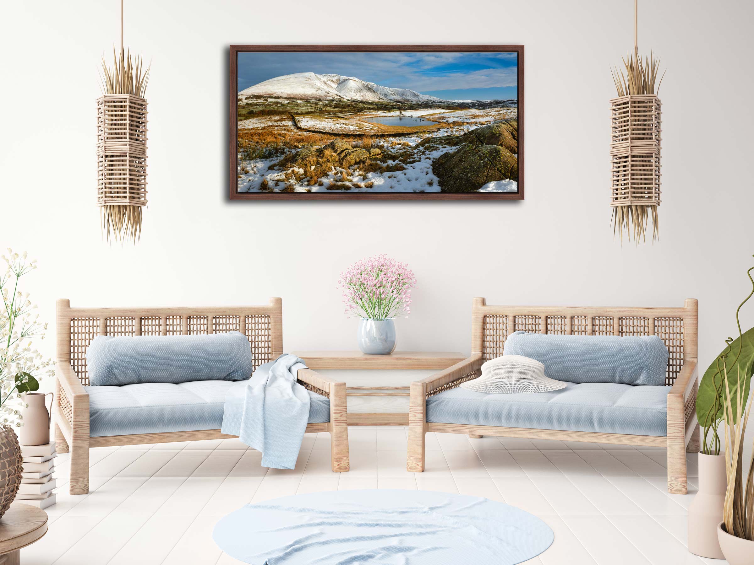 Snowy Tewet Tarn - Walnut narrow frame on Wall
