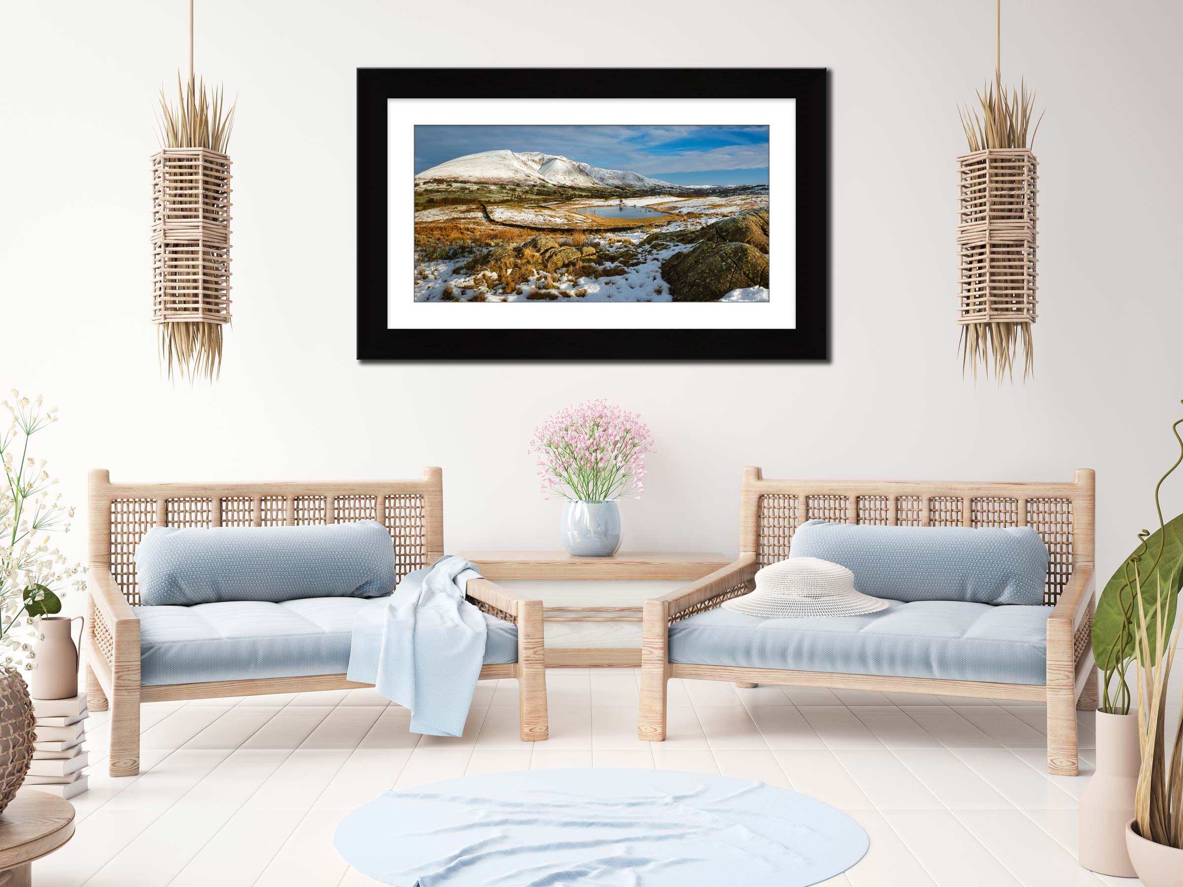 Snowy Tewet Tarn framed print with mount on Wall