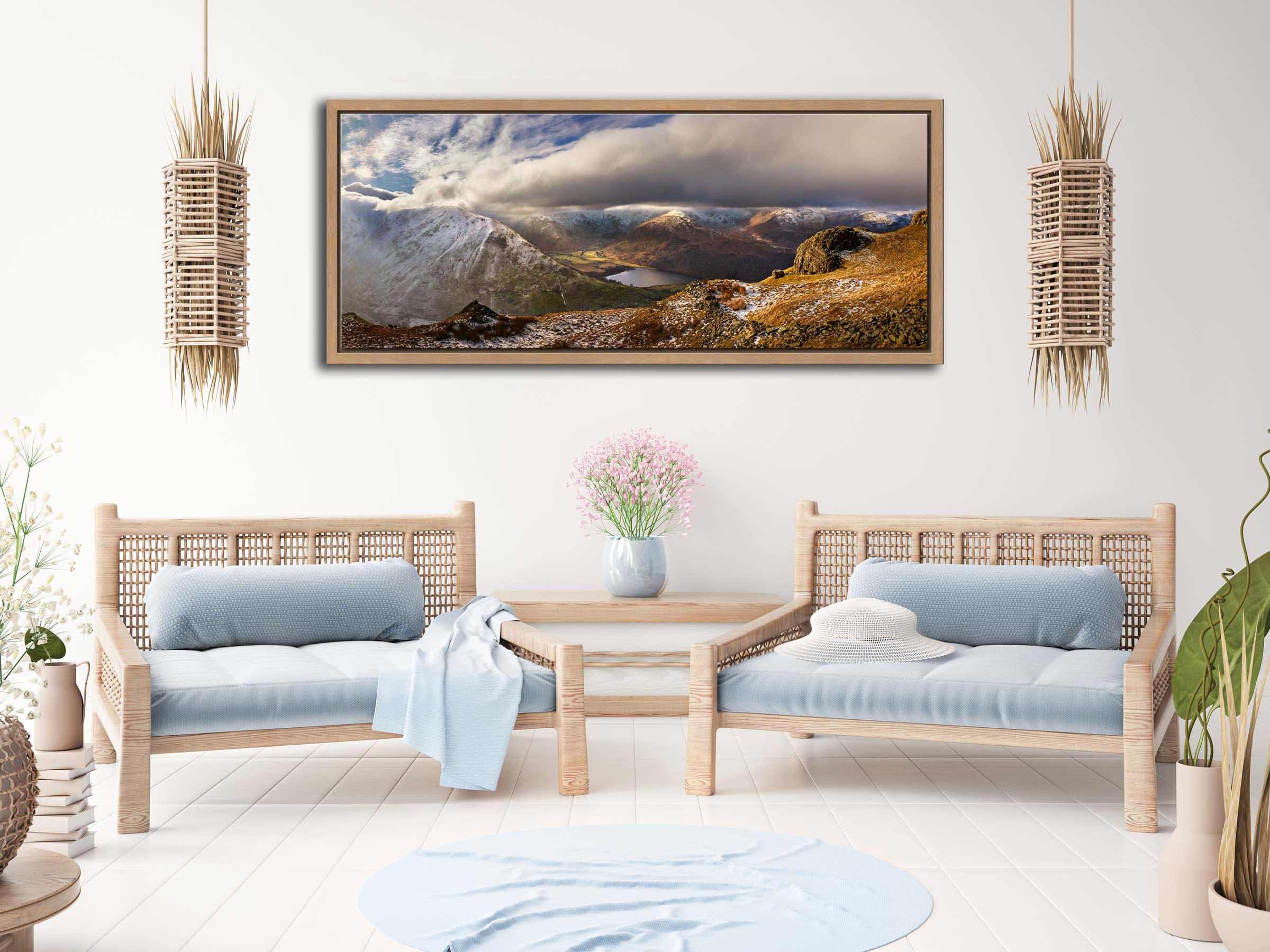 Snowy Peaks Around Brothers Water - Oak Floating framed print on Wall