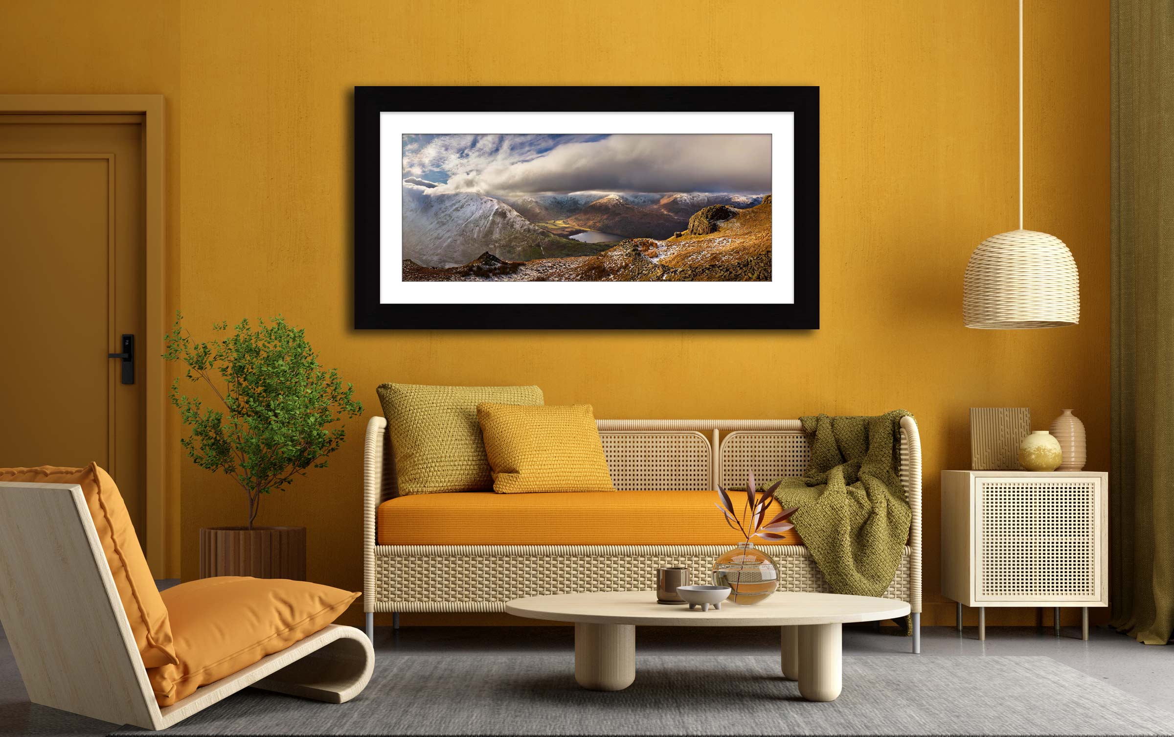Snowy Peaks Around Brothers Water - framed print with mount on Wall