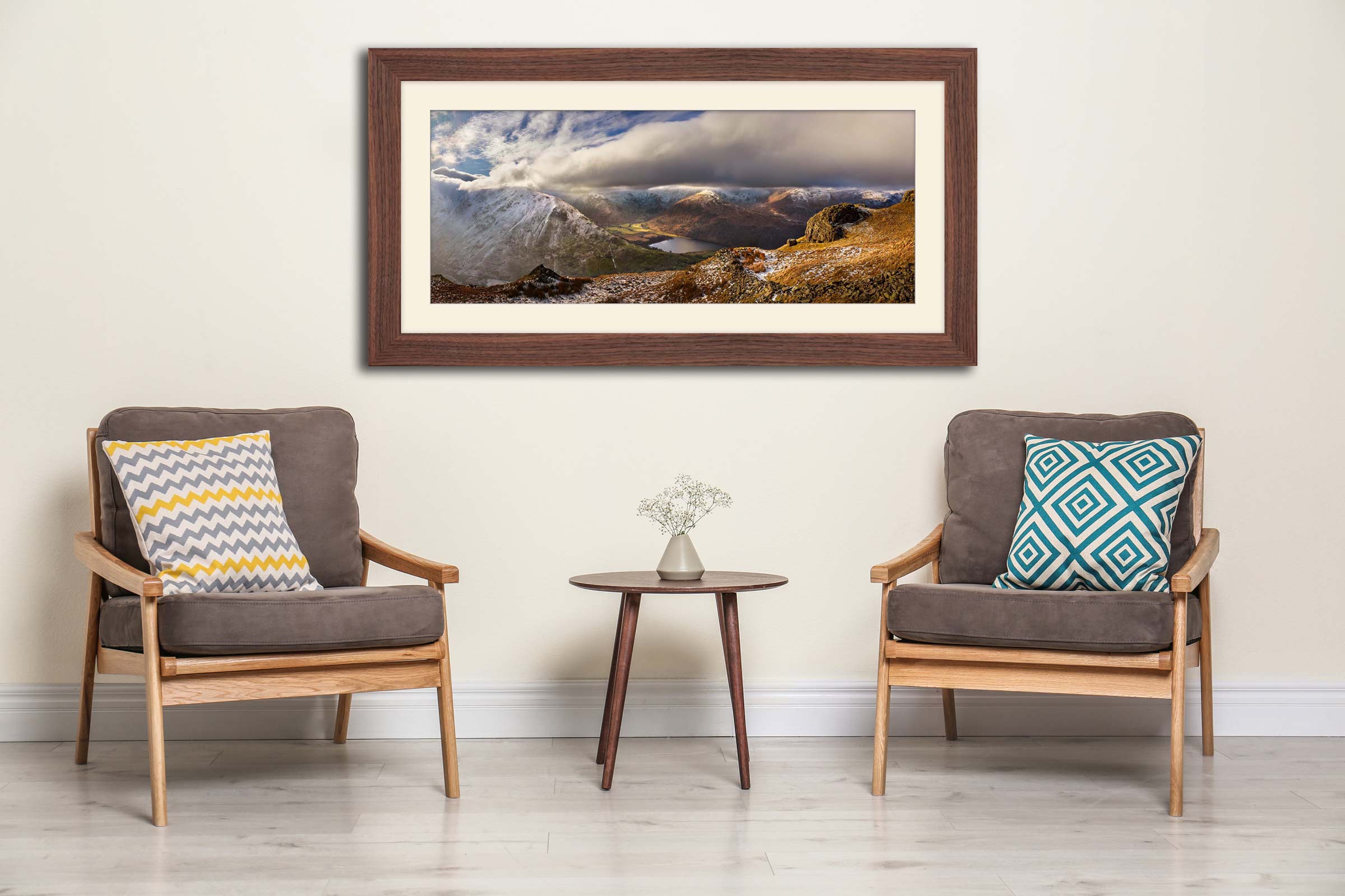Snowy Peaks Around Brothers Water - framed print with mount on Wall