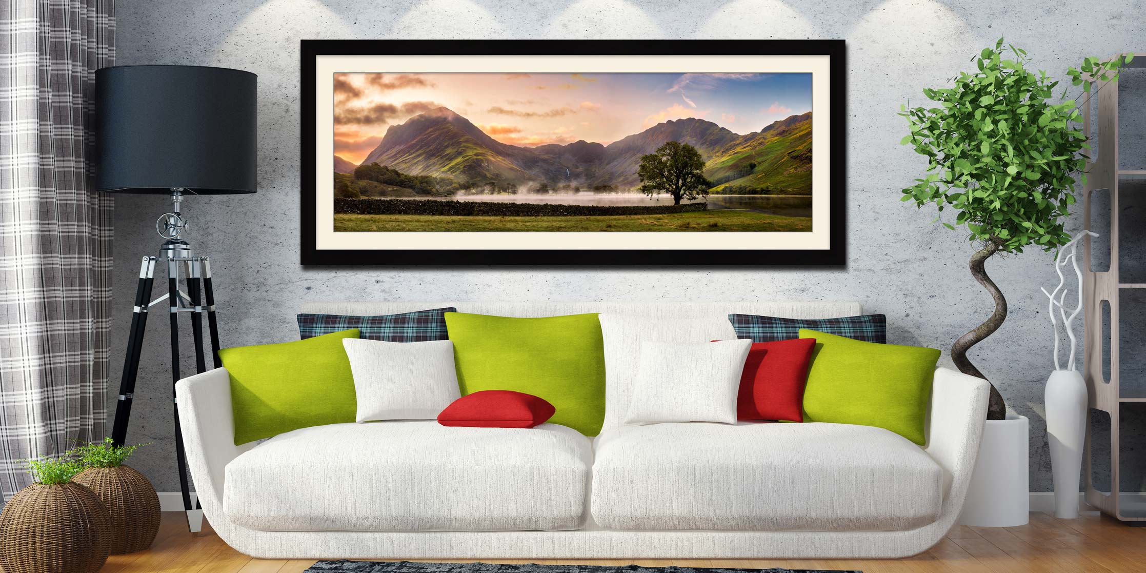 Buttermere Misty Dawn framed print with mount on Wall