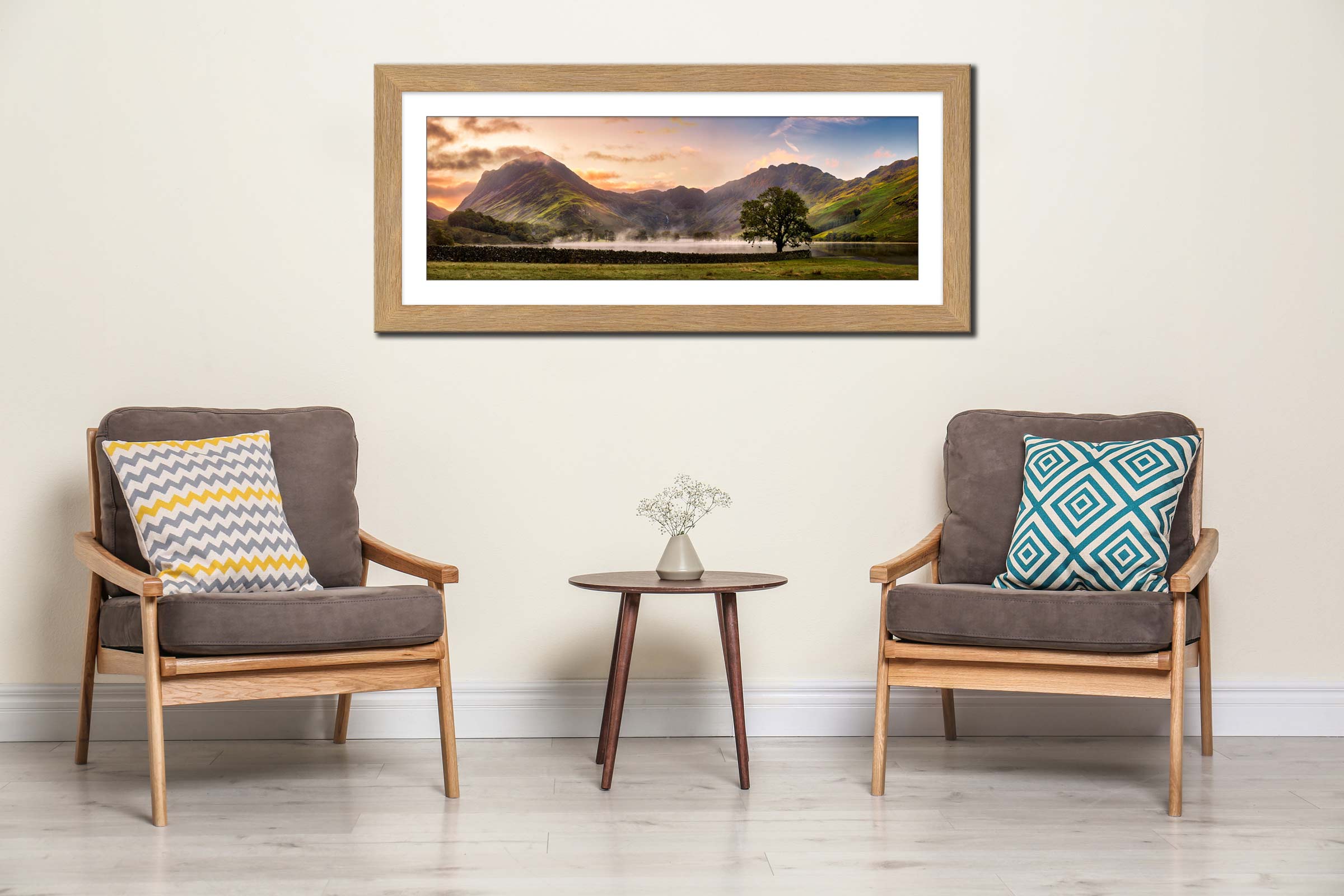 Buttermere Misty Dawn framed print with mount on Wall