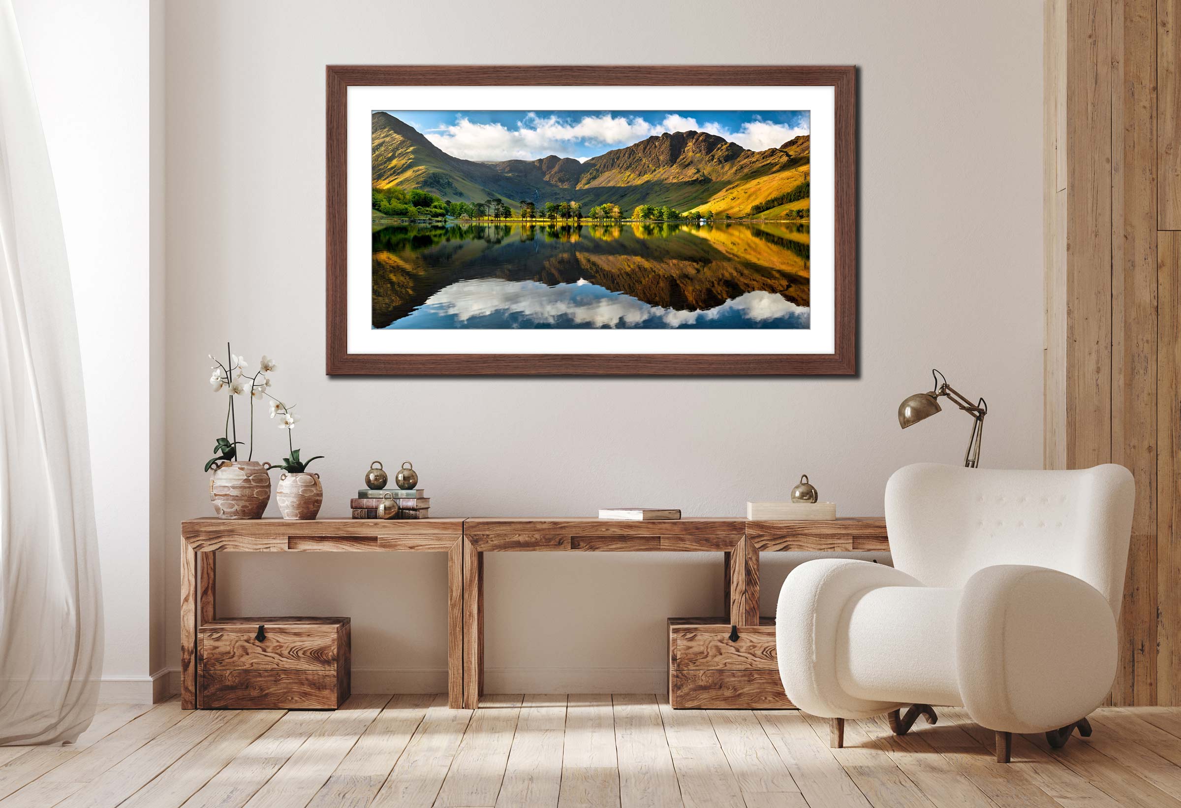 First Light on the Buttermere Trees framed print with mount on Wall
