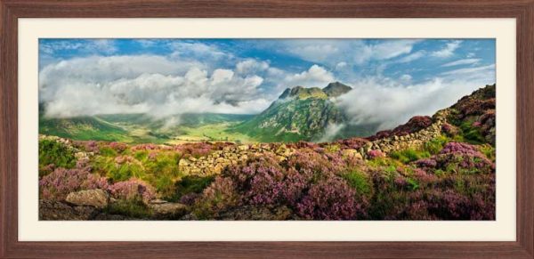 Langdale Pikes Heather and Clouds framed print with Mount