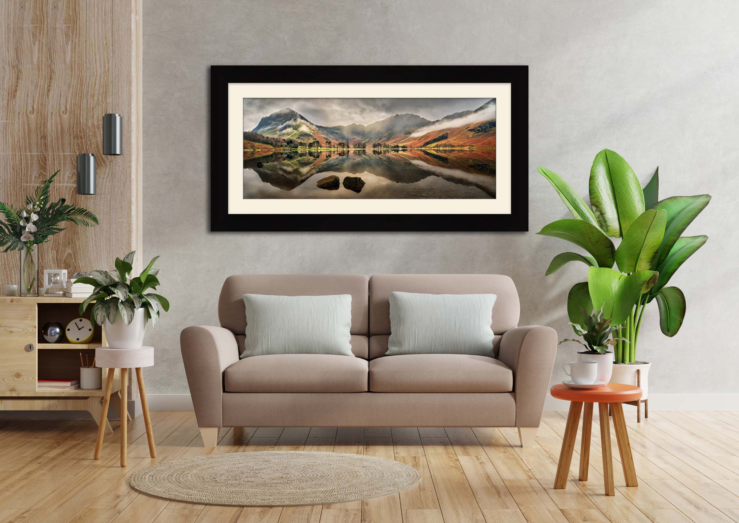 Buttermere Mists and Rocks framed print with mount on Wall