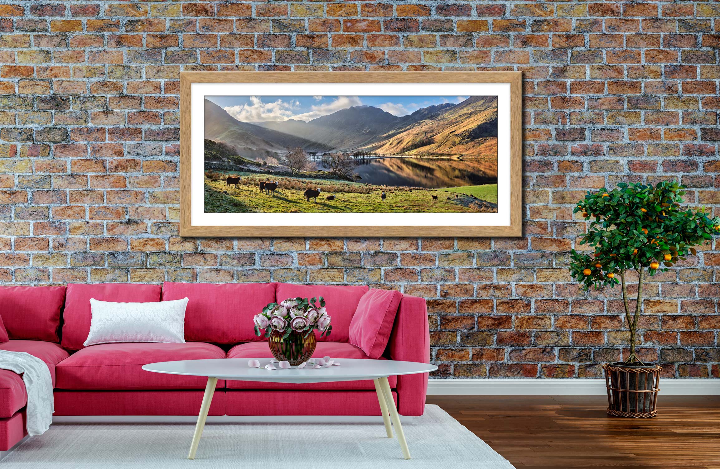 Buttermere Sunbeams and Sheep framed print with mount on Wall
