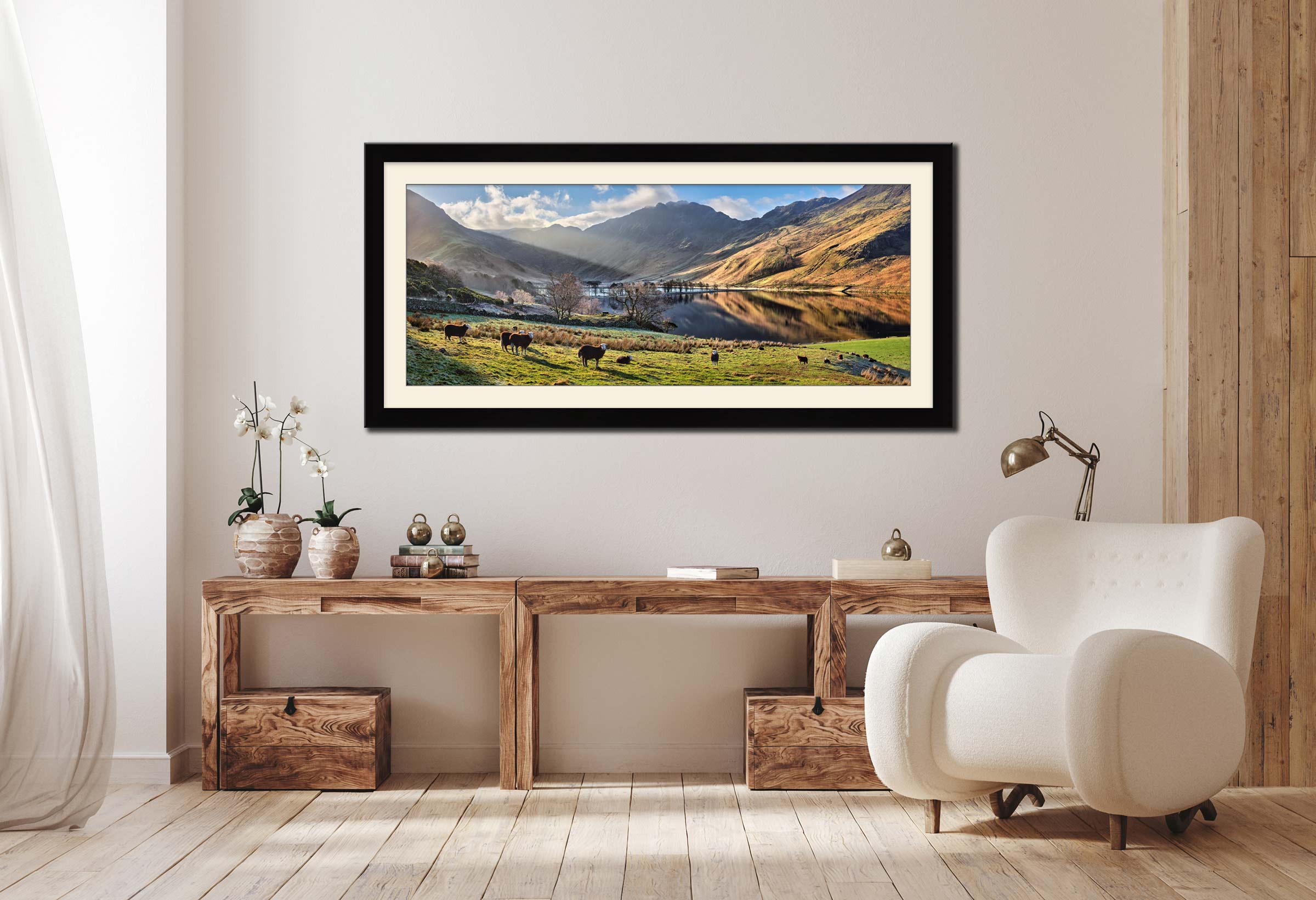 Buttermere Sunbeams and Sheep framed print with mount on Wall
