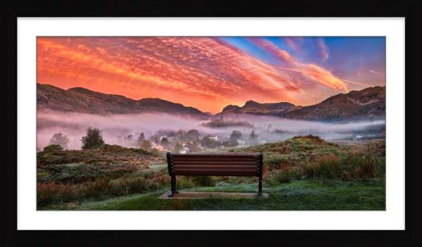 Dawn Mists Over Elterwater Village framed print with Mount