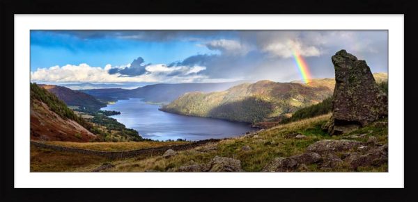 A stormy day at Ullswater with a beautiful rainbow over Place Fell framed print with Mount